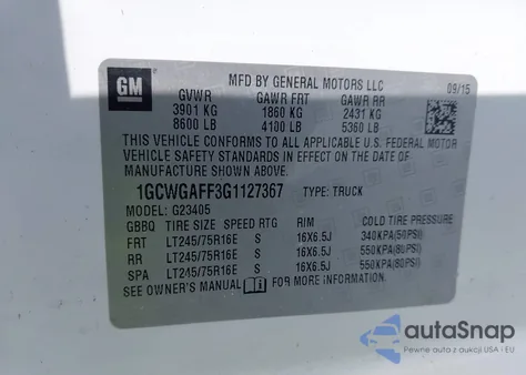 2016 Chevrolet Express 2500 Work Van z USA, uszkodzony, nr VIN 1GCWGAFF3G1127367